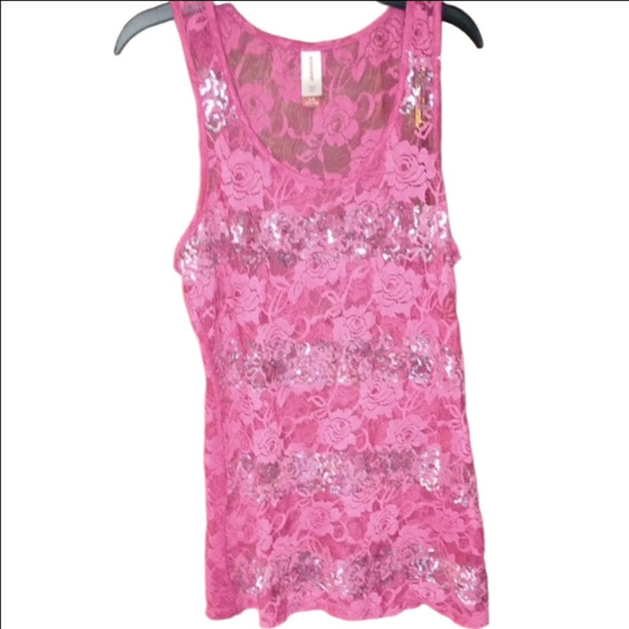 No Boundaries Tops - Pink Lace Sequin Sheer Top Women’s Large Blouse Dressy Party